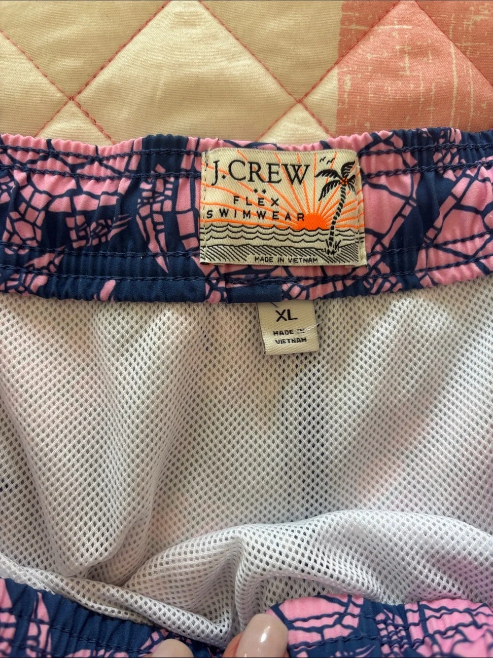 J. Crew Men's Navy Blue Swim Trunks with Pink Turtle Print